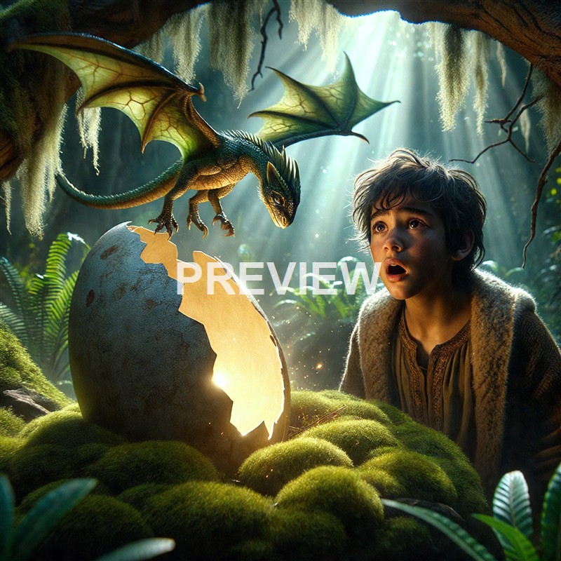 A young boy with tousled hair and a surprised expression observes a small dragon perched on a cracked egg in a lush, sunlit forest setting.